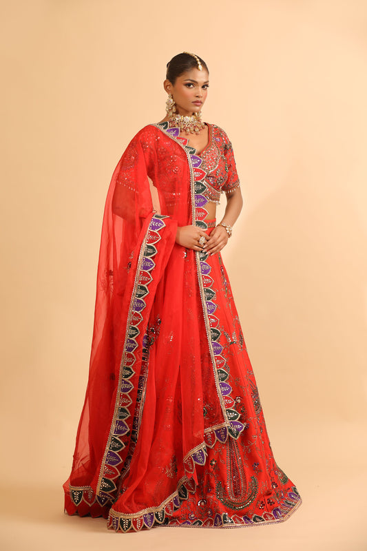 Vibrant Orange Lehenga with Mirror Work & Gold Embroidery