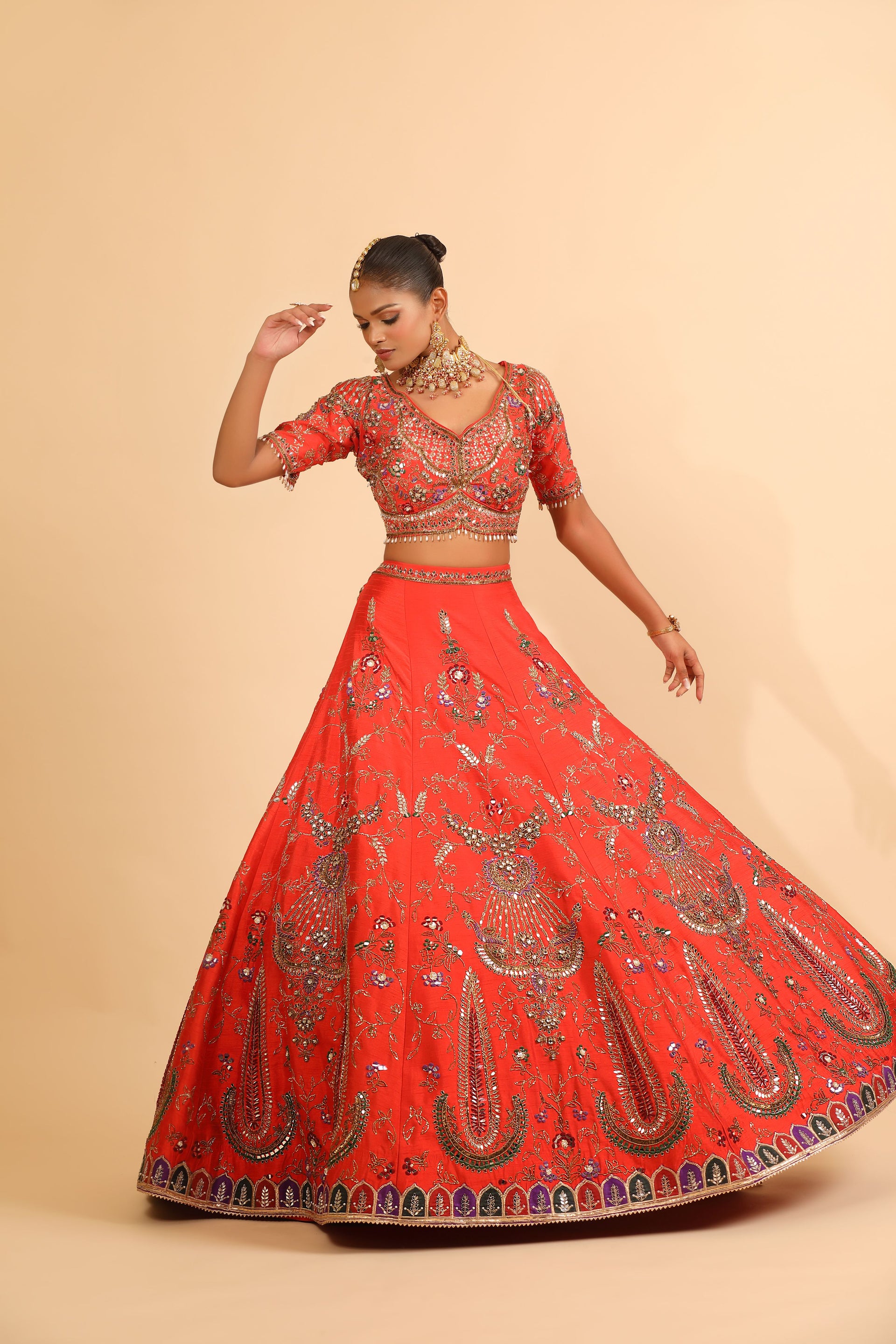 Vibrant Orange Lehenga with Mirror Work & Gold Embroidery