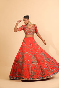 Vibrant Orange Lehenga with Mirror Work & Gold Embroidery