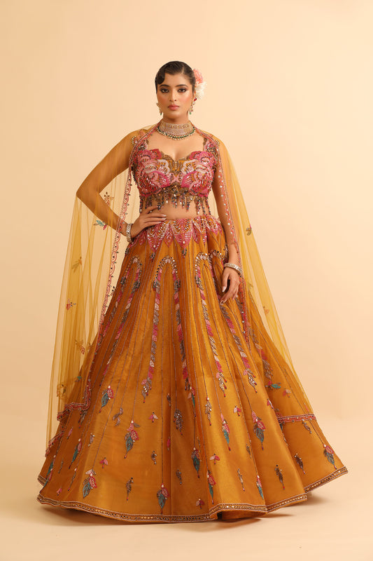 Mustard Yellow Lehenga with Feather Embroidery & Sequin Fringe Blouse