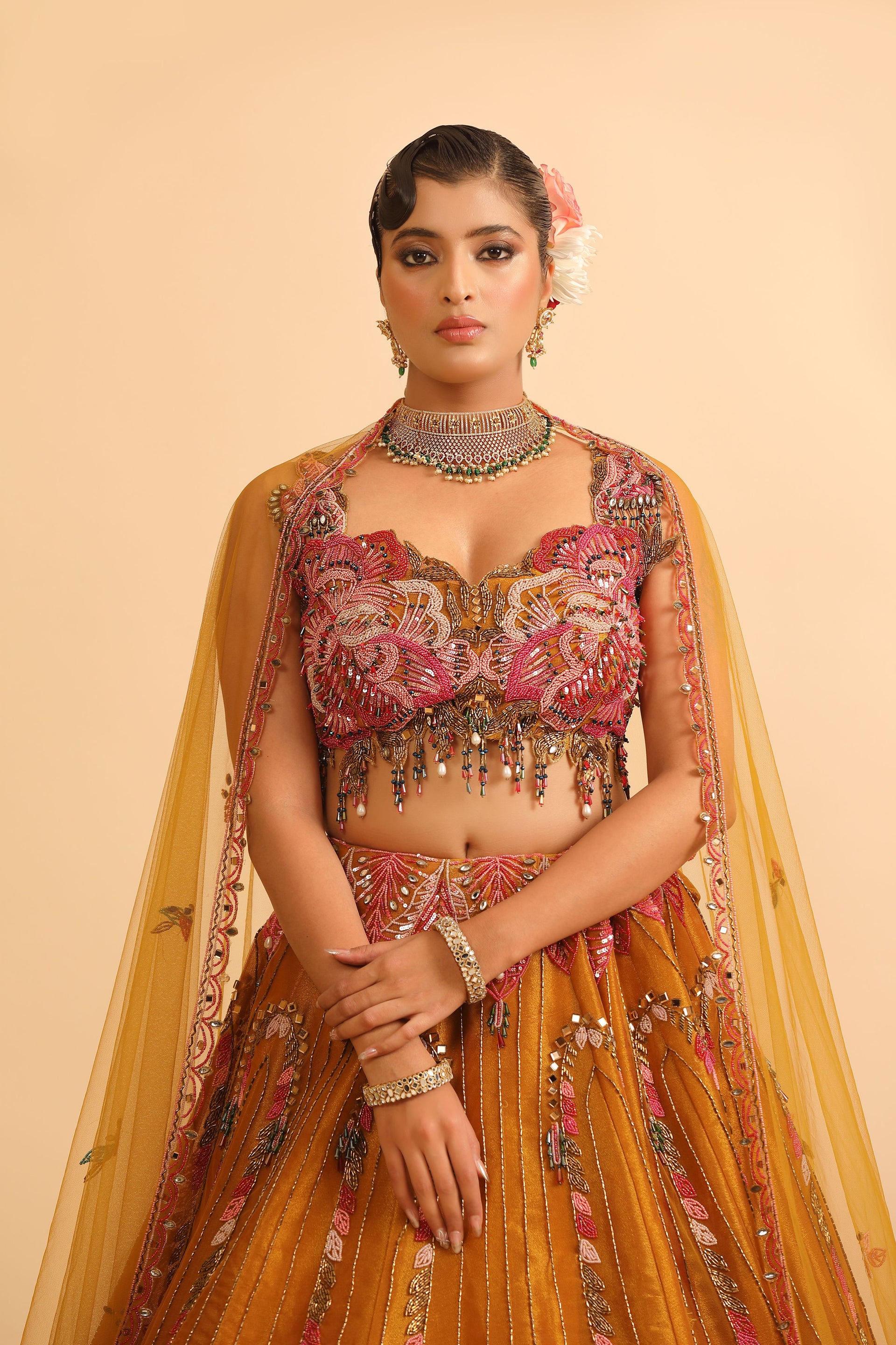 Mustard Yellow Lehenga with Feather Embroidery & Sequin Fringe Blouse