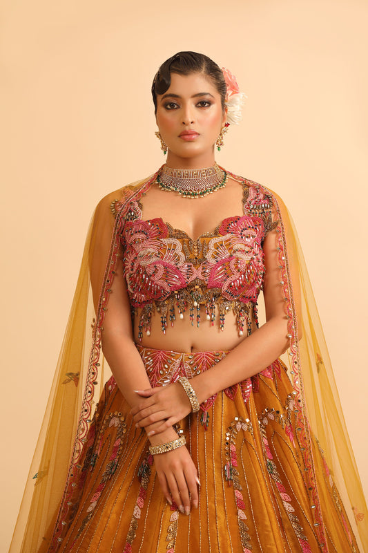 Mustard Yellow Lehenga with Feather Embroidery & Sequin Fringe Blouse