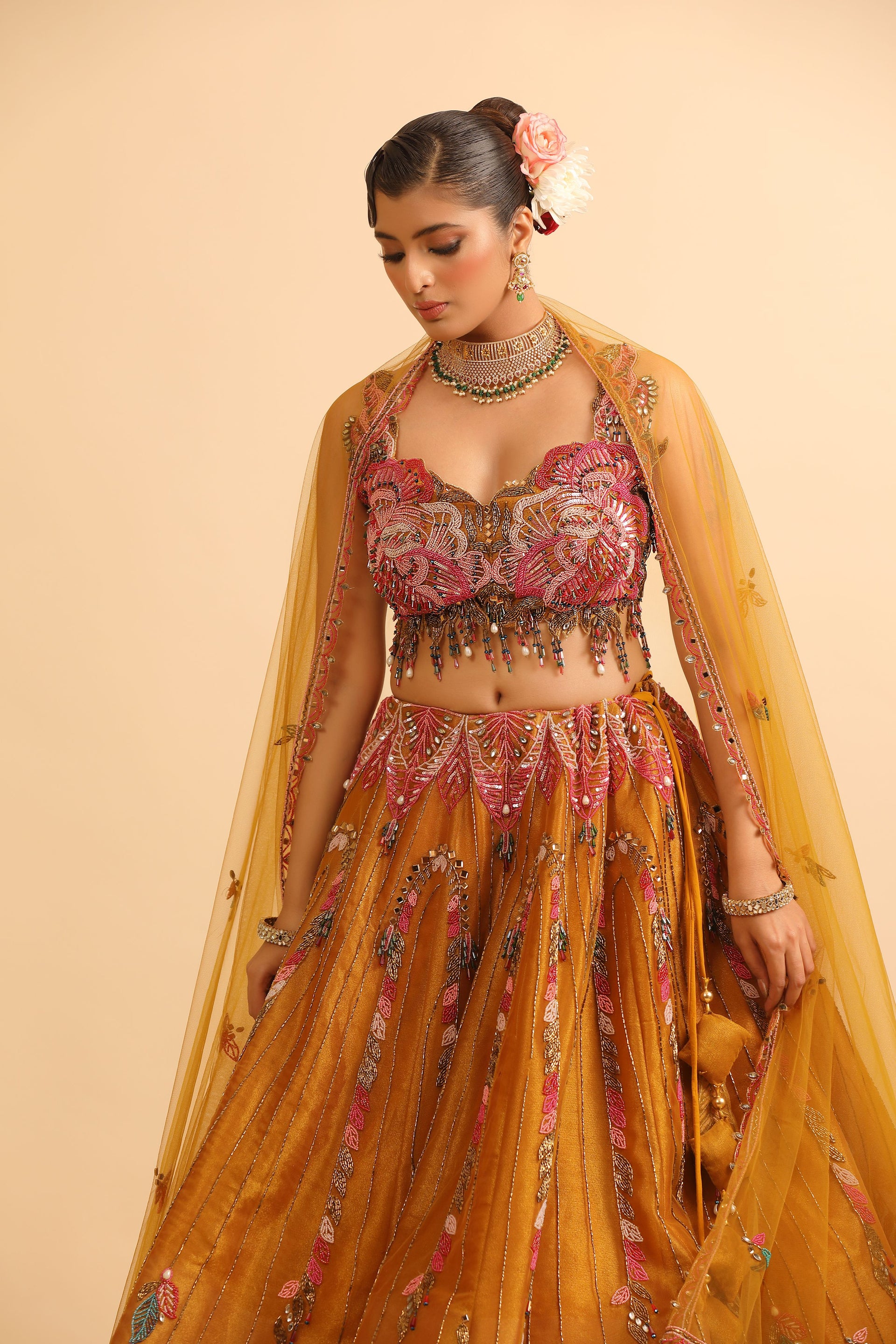 Mustard Yellow Lehenga with Feather Embroidery & Sequin Fringe Blouse