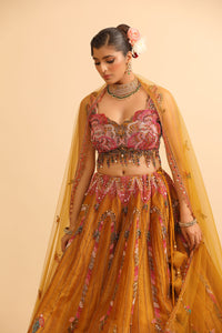 Mustard Yellow Lehenga with Feather Embroidery & Sequin Fringe Blouse