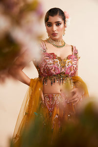 Mustard Yellow Lehenga with Feather Embroidery & Sequin Fringe Blouse