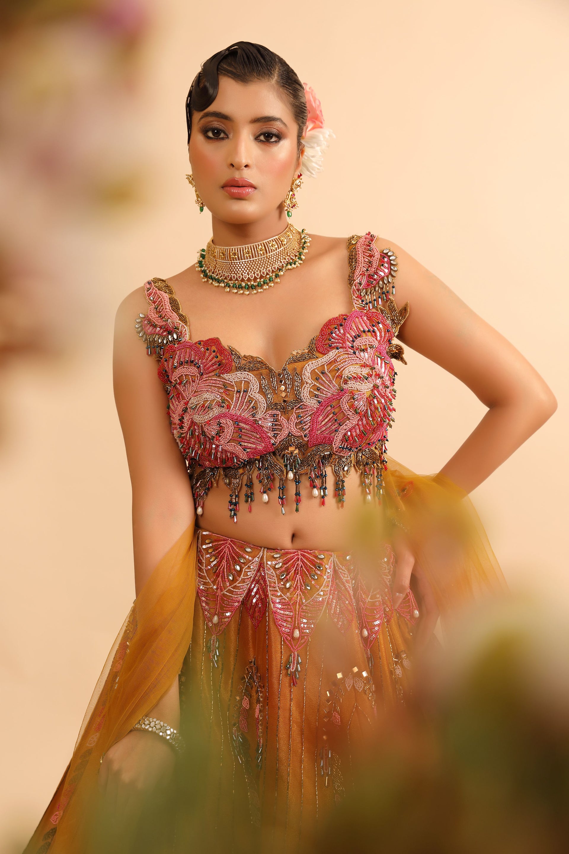 Mustard Yellow Lehenga with Feather Embroidery & Sequin Fringe Blouse