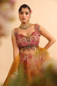 Mustard Yellow Lehenga with Feather Embroidery & Sequin Fringe Blouse
