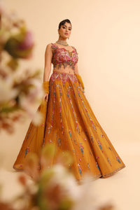Mustard Yellow Lehenga with Feather Embroidery & Sequin Fringe Blouse