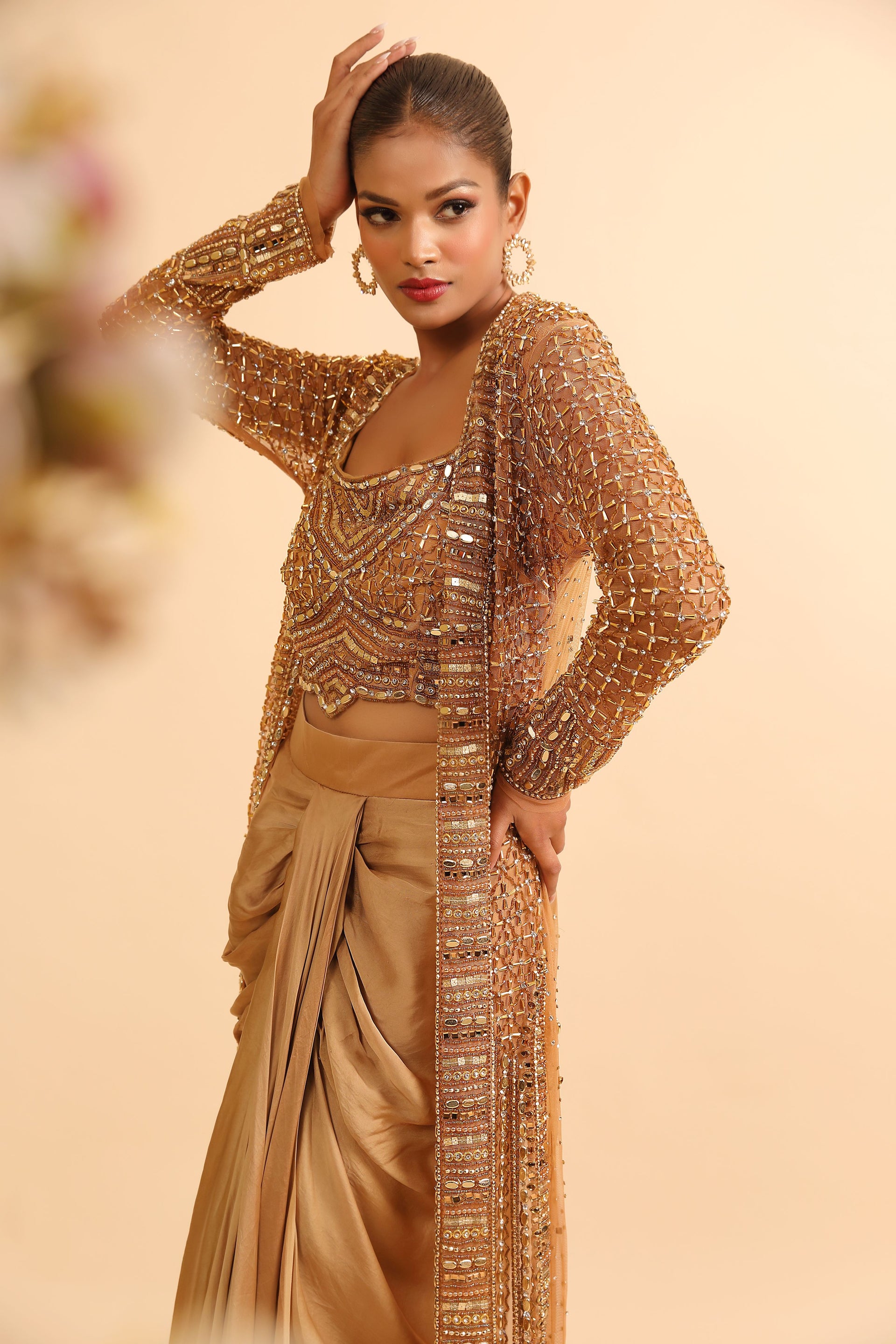 Molten Gold Embellished Cape Set with Draped Satin Skirt
