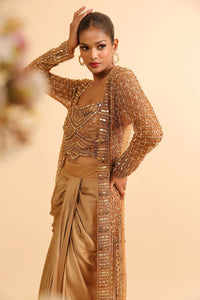 Molten Gold Embellished Cape Set with Draped Satin Skirt