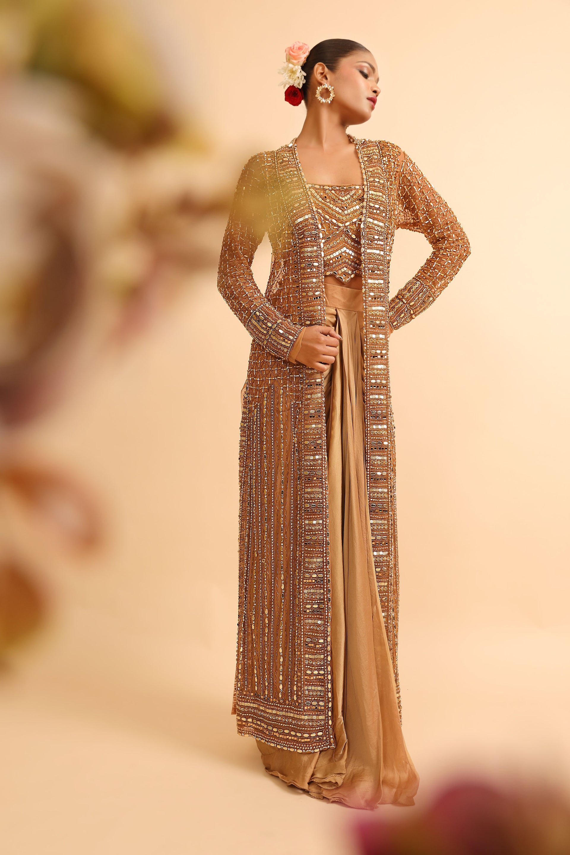 Molten Gold Embellished Cape Set with Draped Satin Skirt