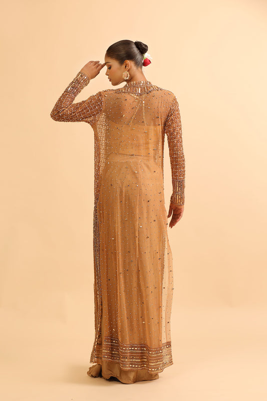 Molten Gold Embellished Cape Set with Draped Satin Skirt