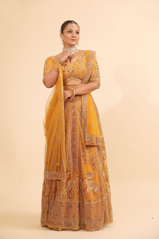 Mustard Embroidered Lehenga Choli with Sheer Dupatta & Bead Work