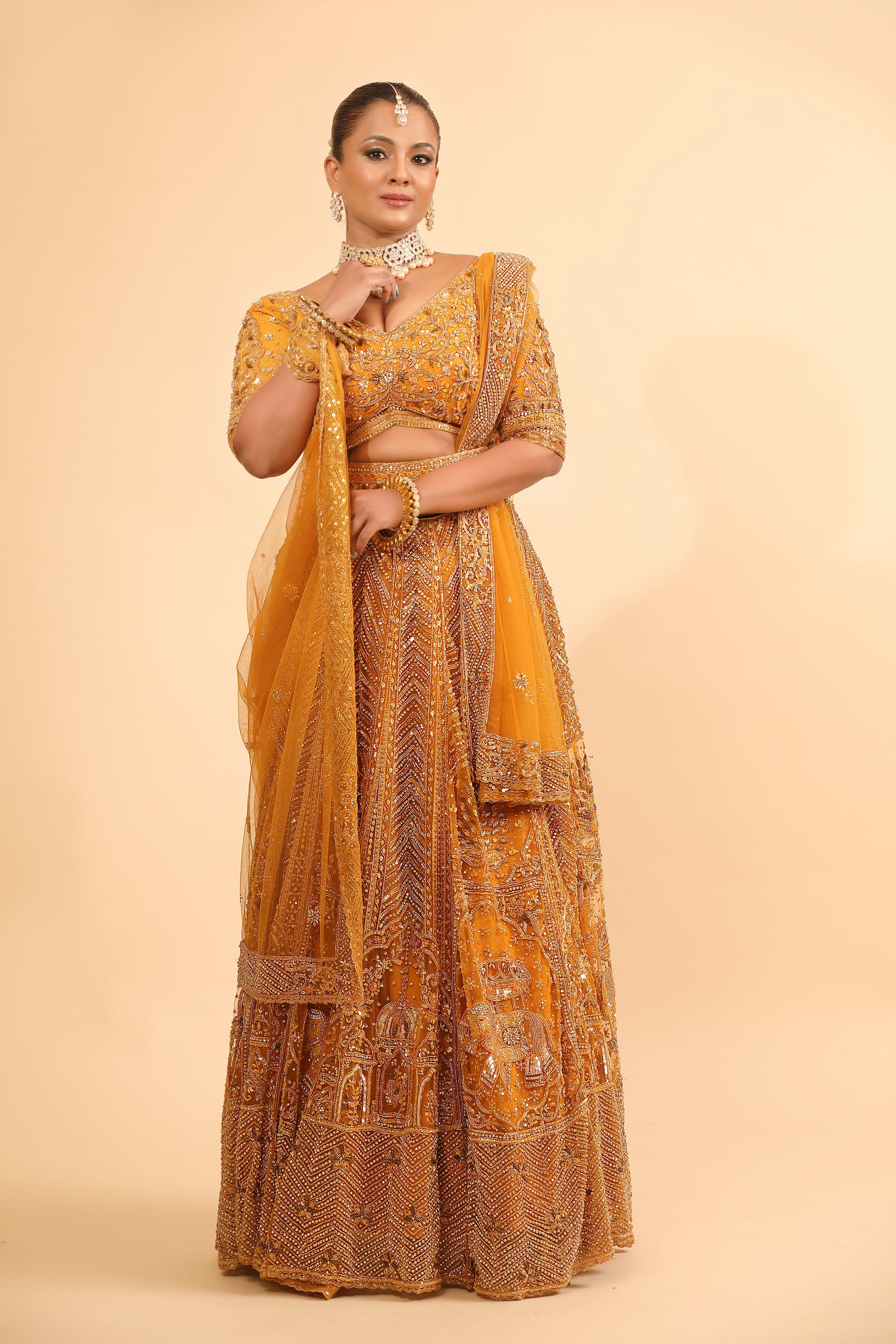Mustard Embroidered Lehenga Choli with Sheer Dupatta & Bead Work