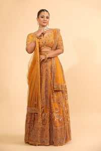 Mustard Embroidered Lehenga Choli with Sheer Dupatta & Bead Work