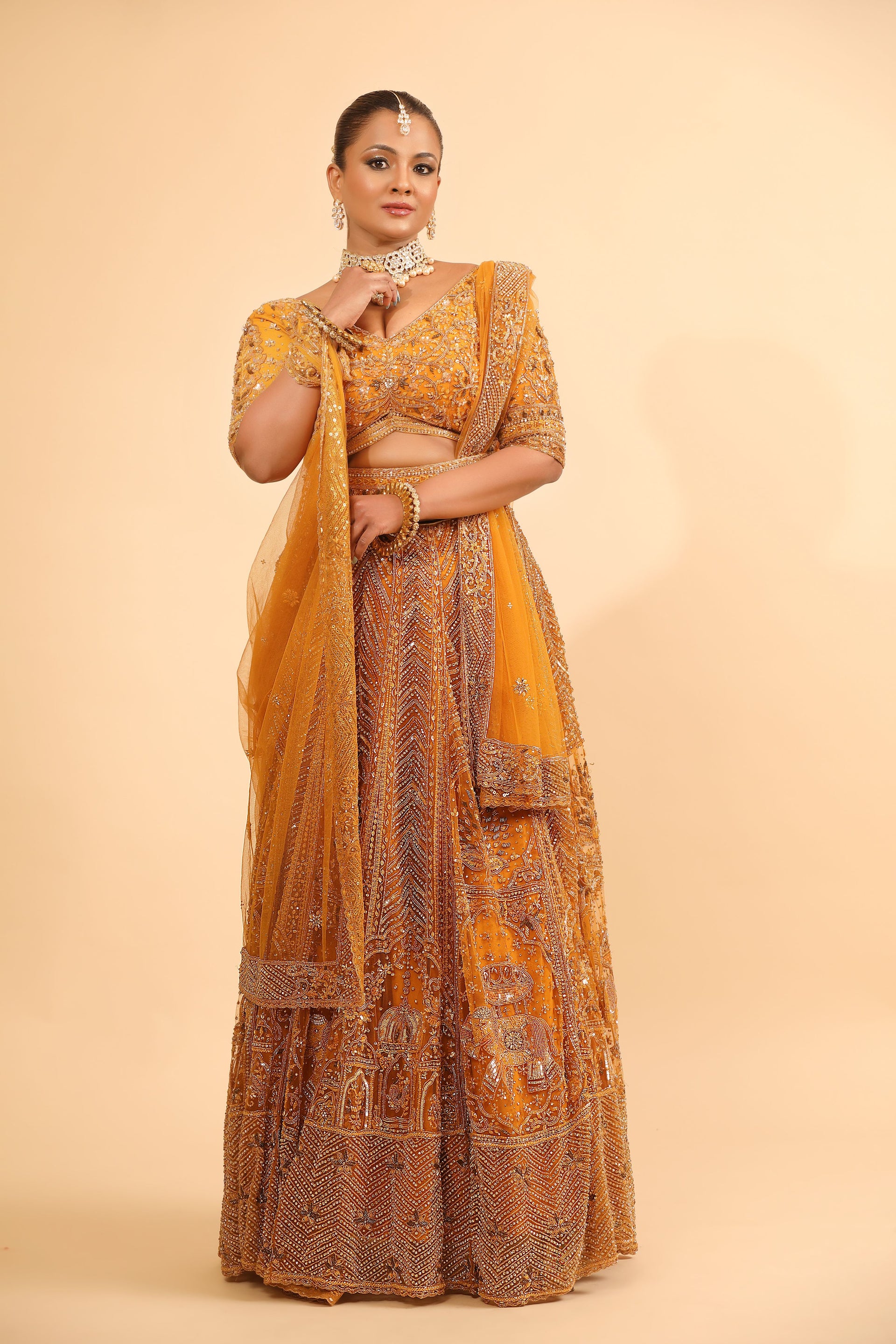Mustard Embroidered Lehenga Choli with Sheer Dupatta & Bead Work