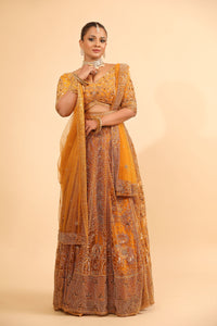 Mustard Embroidered Lehenga Choli with Sheer Dupatta & Bead Work