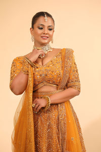 Mustard Embroidered Lehenga Choli with Sheer Dupatta & Bead Work