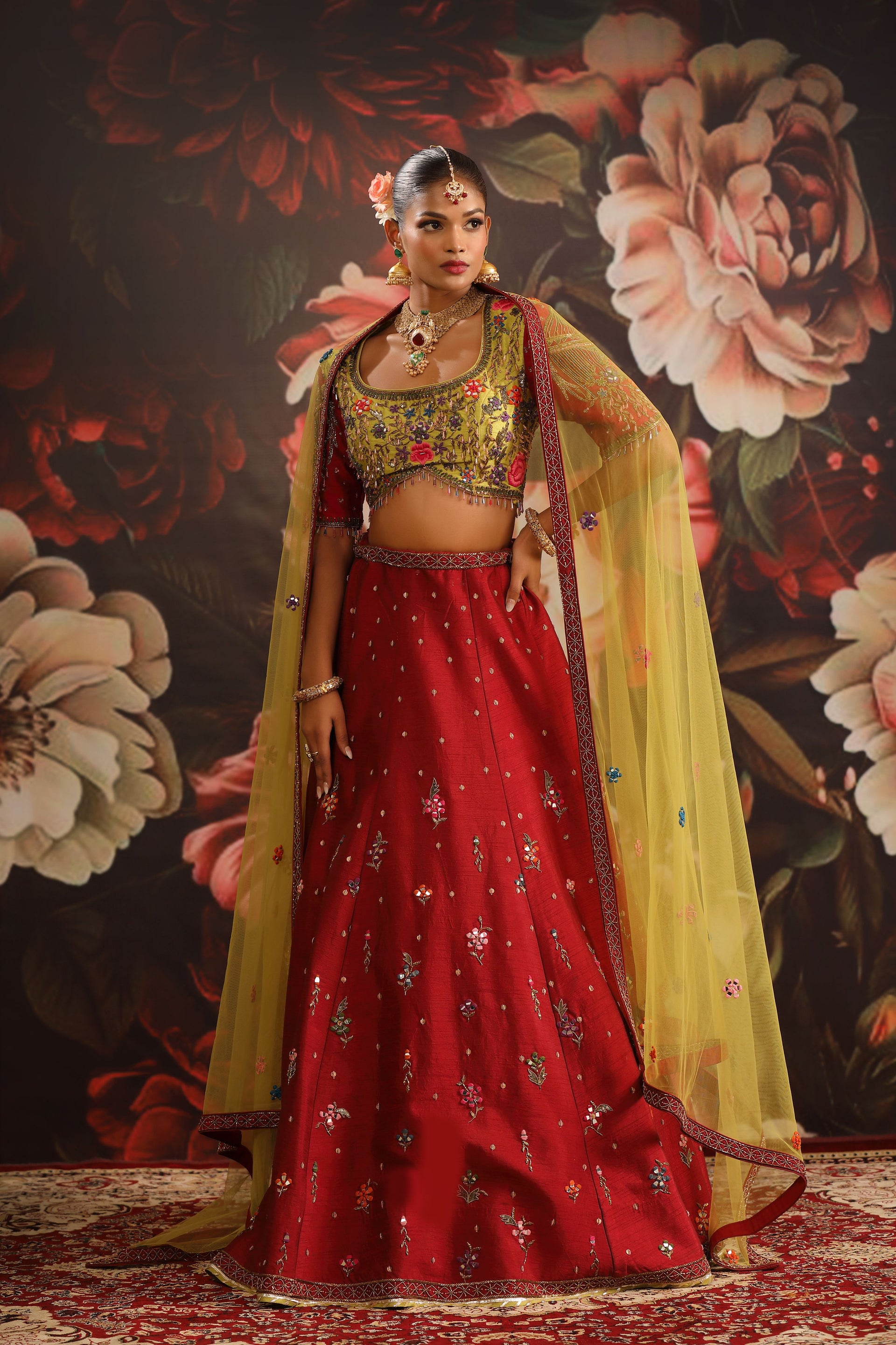 Red Floral Lehenga with Olive Green Embroidered Blouse & Yellow Dupatta