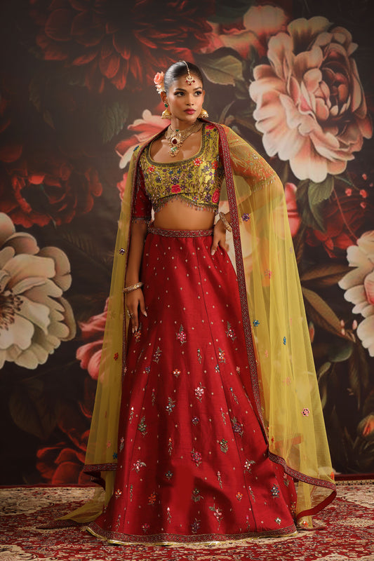 Red Floral Lehenga with Olive Green Embroidered Blouse & Yellow Dupatta