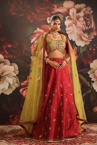 Red Floral Lehenga with Olive Green Embroidered Blouse & Yellow Dupatta