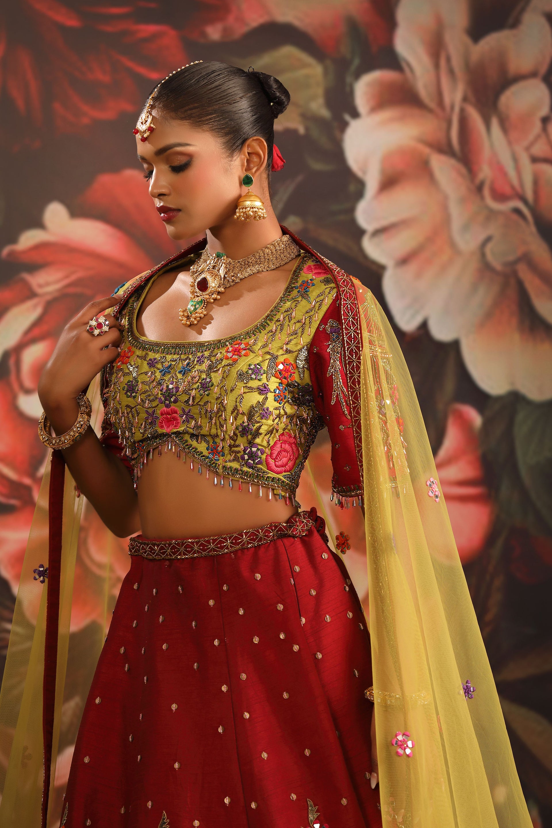 Red Floral Lehenga with Olive Green Embroidered Blouse & Yellow Dupatta