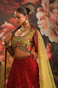 Red Floral Lehenga with Olive Green Embroidered Blouse & Yellow Dupatta