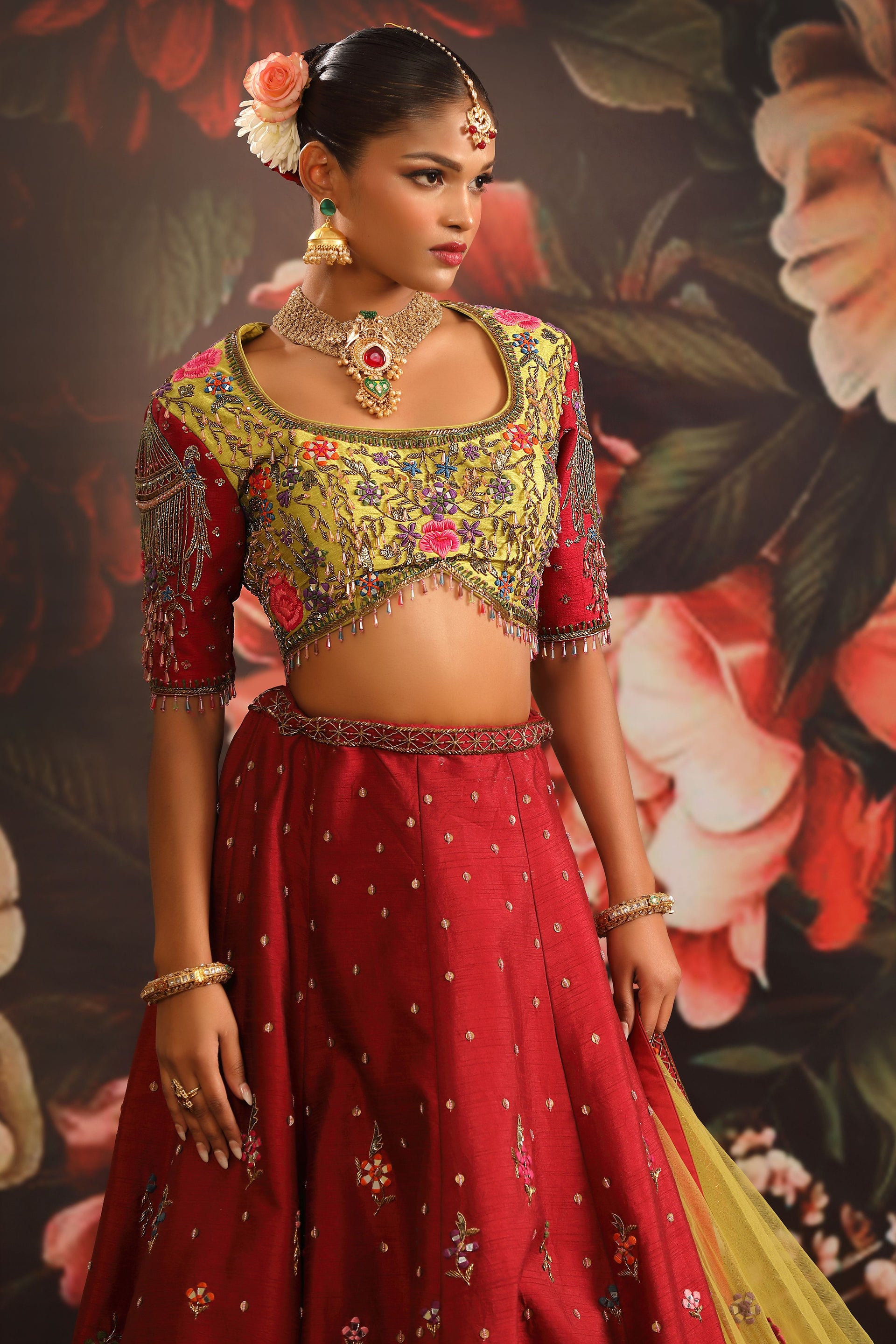 Red Floral Lehenga with Olive Green Embroidered Blouse & Yellow Dupatta