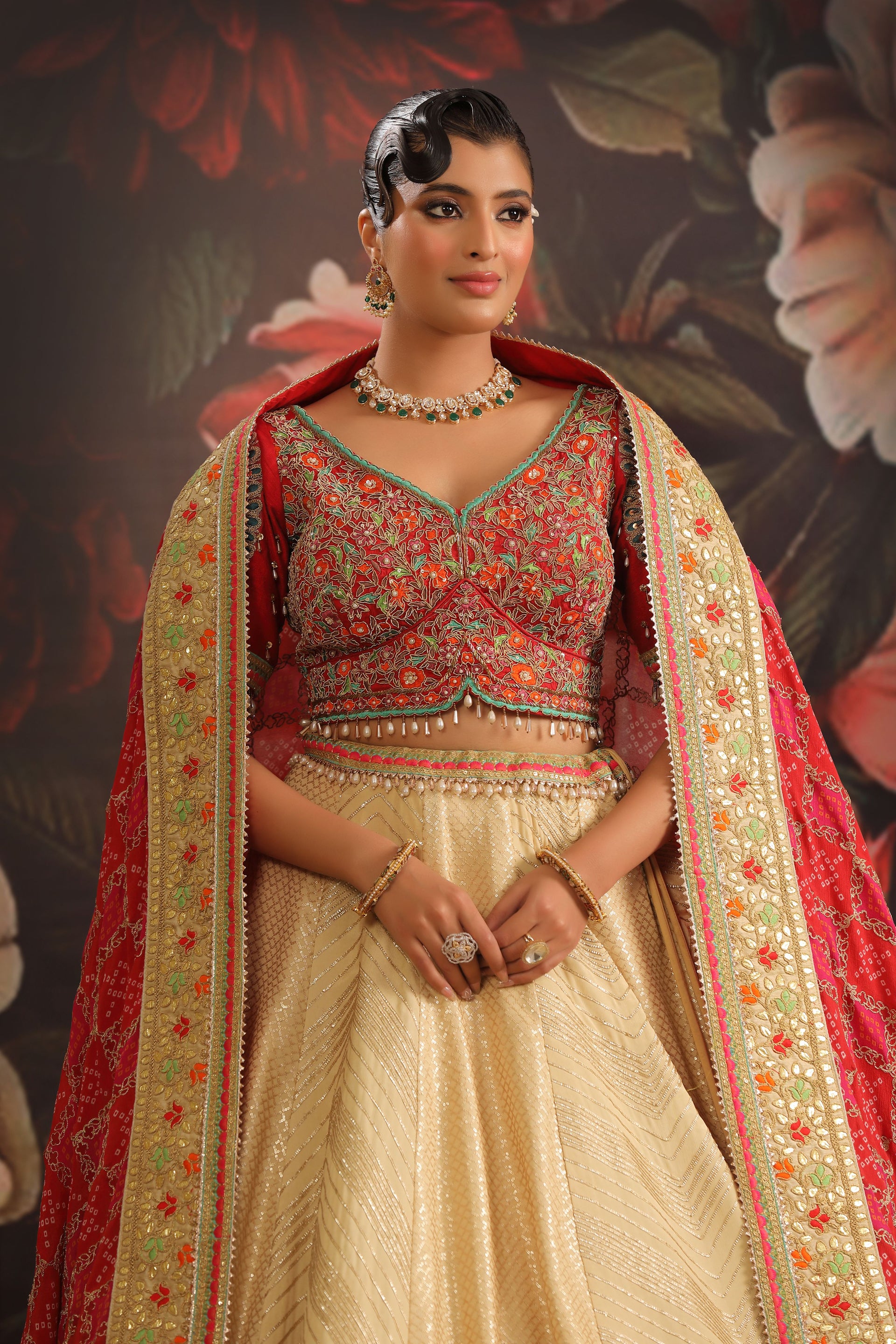 Soft Gold Lehenga with Geometric Embroidery & Red Floral Dupatta