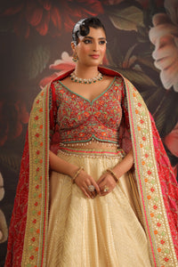 Soft Gold Lehenga with Geometric Embroidery & Red Floral Dupatta