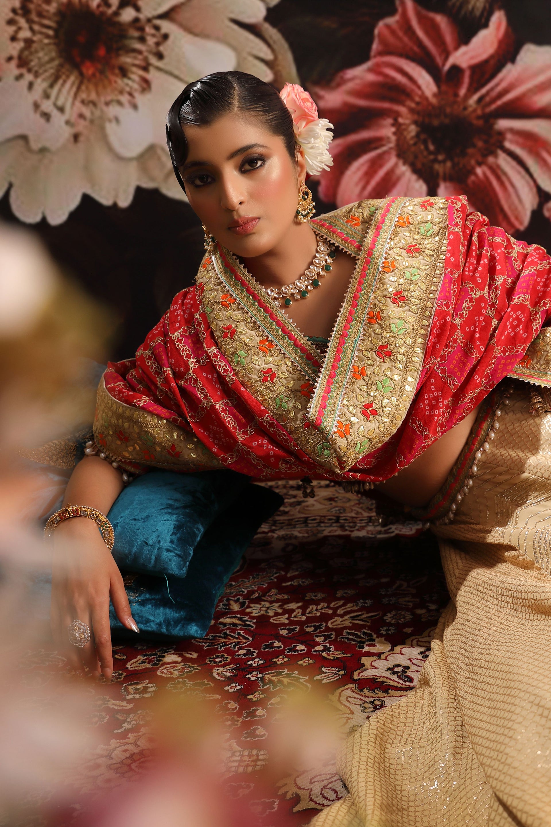 Soft Gold Lehenga with Geometric Embroidery & Red Floral Dupatta