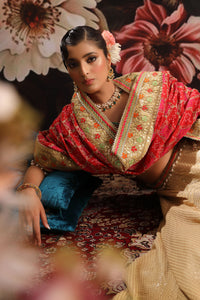 Soft Gold Lehenga with Geometric Embroidery & Red Floral Dupatta