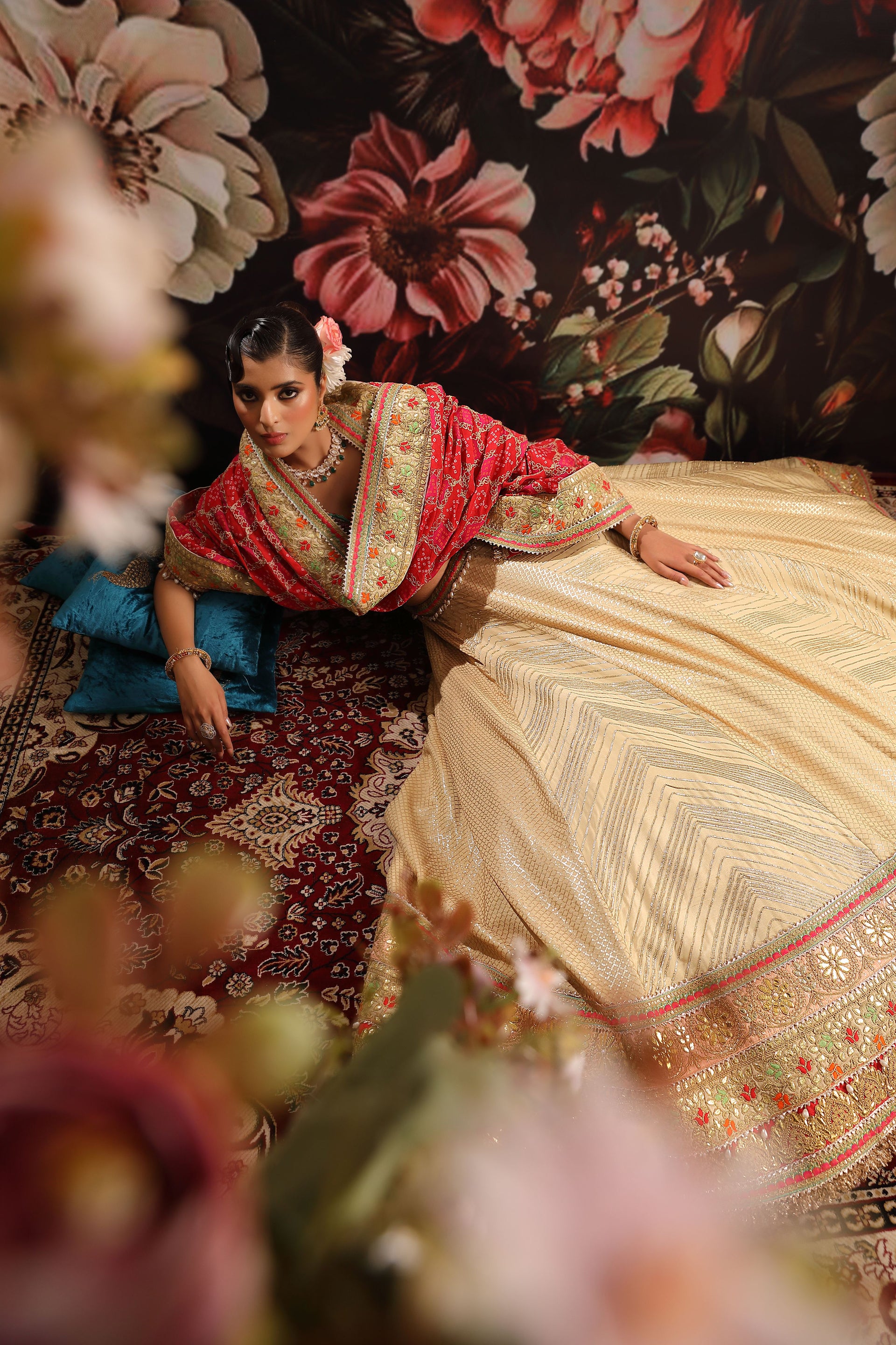 Soft Gold Lehenga with Geometric Embroidery & Red Floral Dupatta