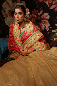 Soft Gold Lehenga with Geometric Embroidery & Red Floral Dupatta