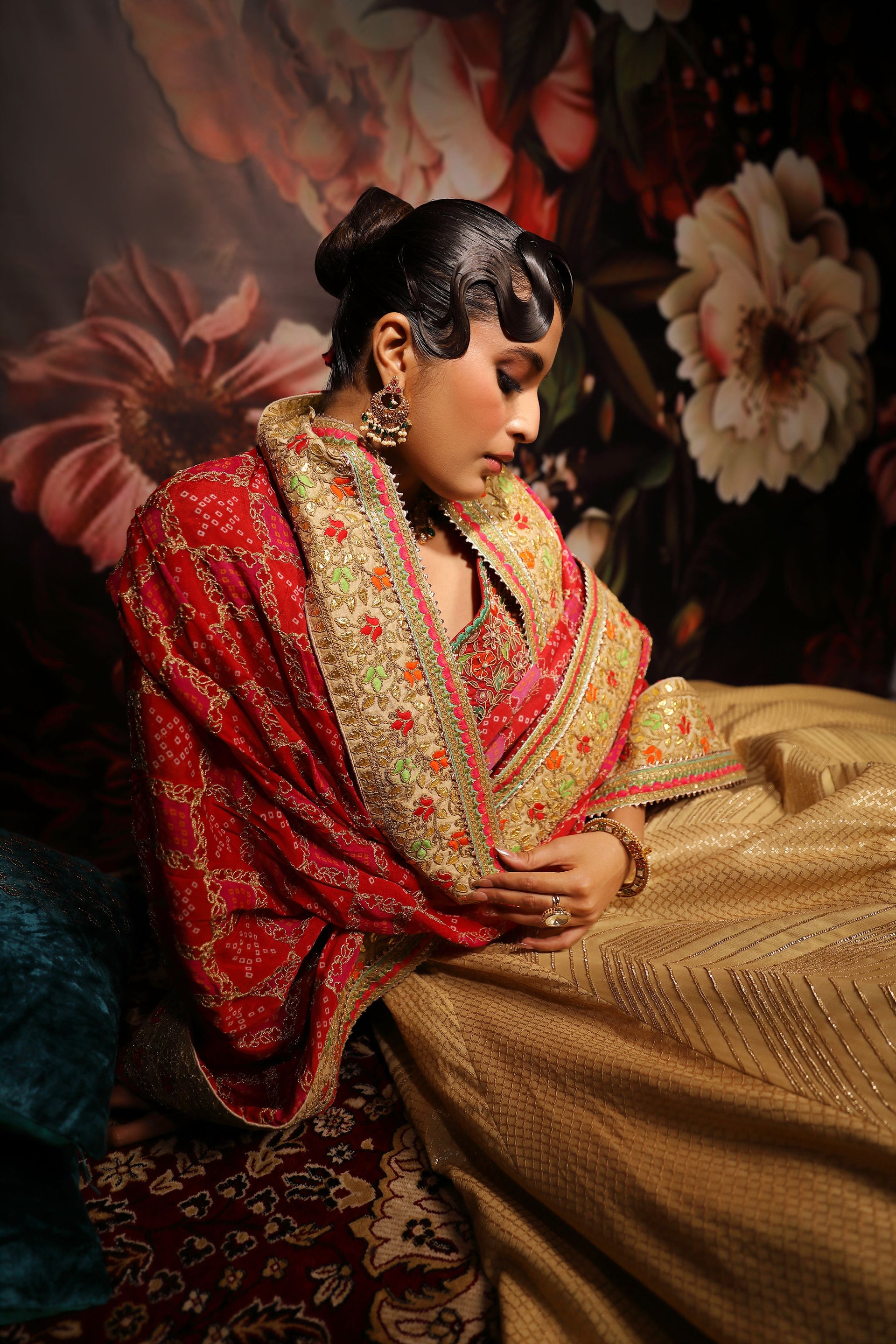 Soft Gold Lehenga with Geometric Embroidery & Red Floral Dupatta