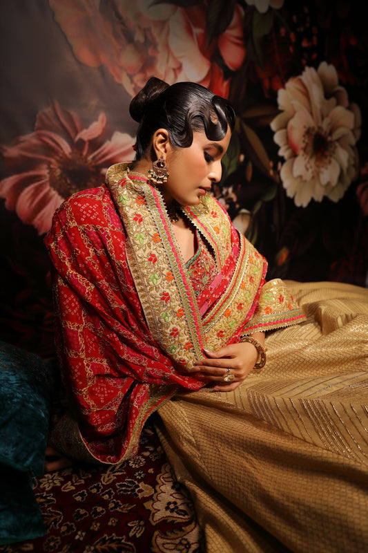 Soft Gold Lehenga with Geometric Embroidery & Red Floral Dupatta