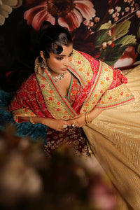 Soft Gold Lehenga with Geometric Embroidery & Red Floral Dupatta