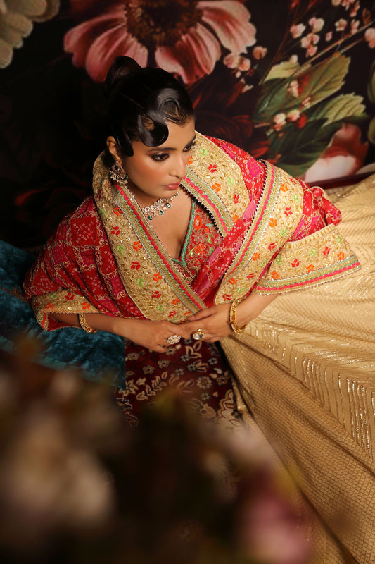 Soft Gold Lehenga with Geometric Embroidery & Red Floral Dupatta