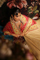 Soft Gold Lehenga with Geometric Embroidery & Red Floral Dupatta