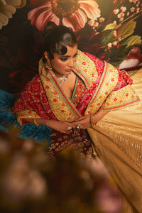Soft Gold Lehenga with Geometric Embroidery & Red Floral Dupatta