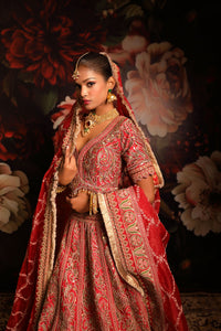 Regal Red Bridal Lehenga with Gold Zari Embroidery & Lace Dupatta
