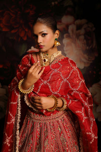 Regal Red Bridal Lehenga with Gold Zari Embroidery & Lace Dupatta