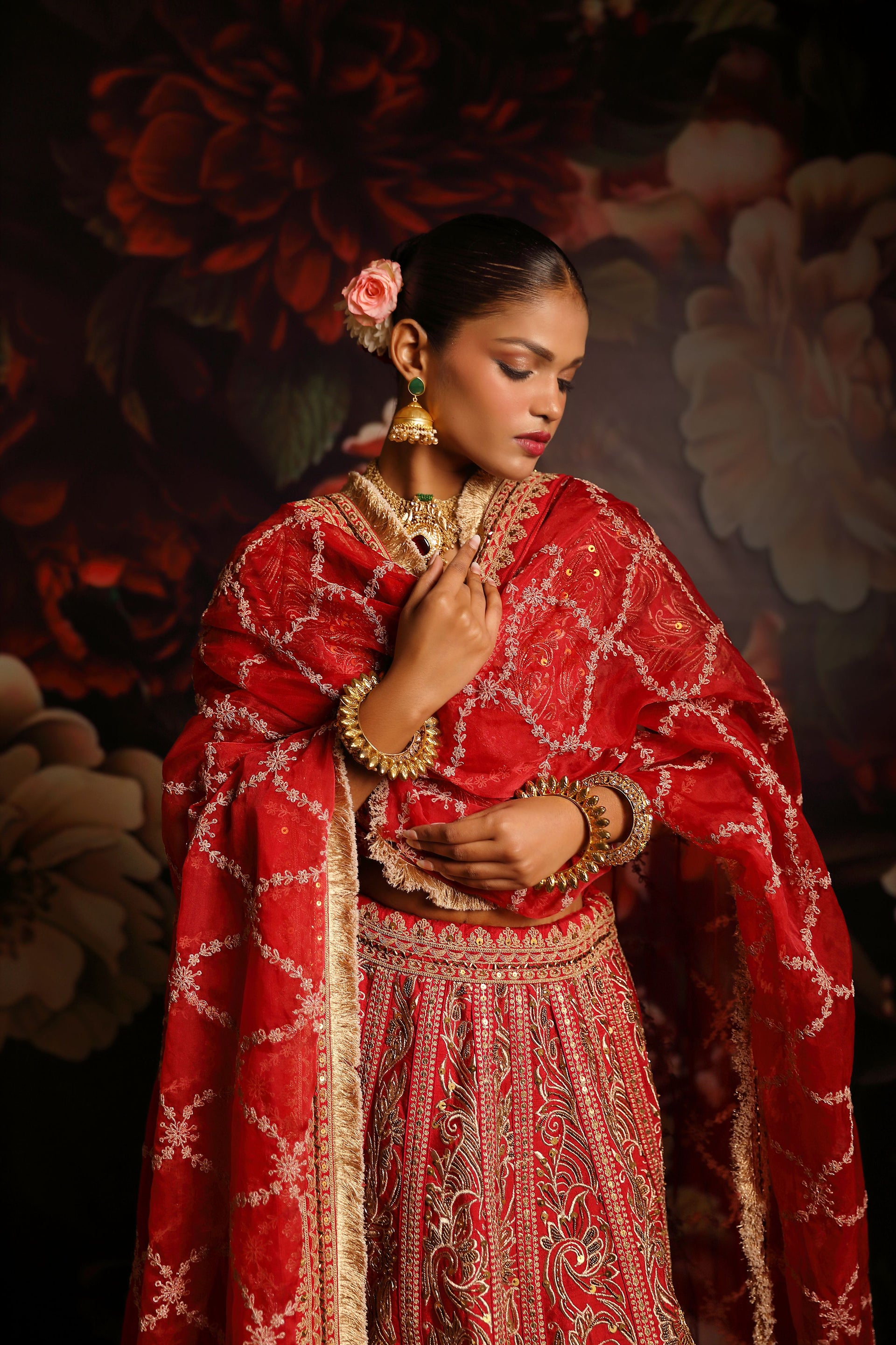 Regal Red Bridal Lehenga with Gold Zari Embroidery & Lace Dupatta