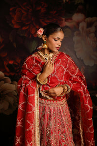 Regal Red Bridal Lehenga with Gold Zari Embroidery & Lace Dupatta