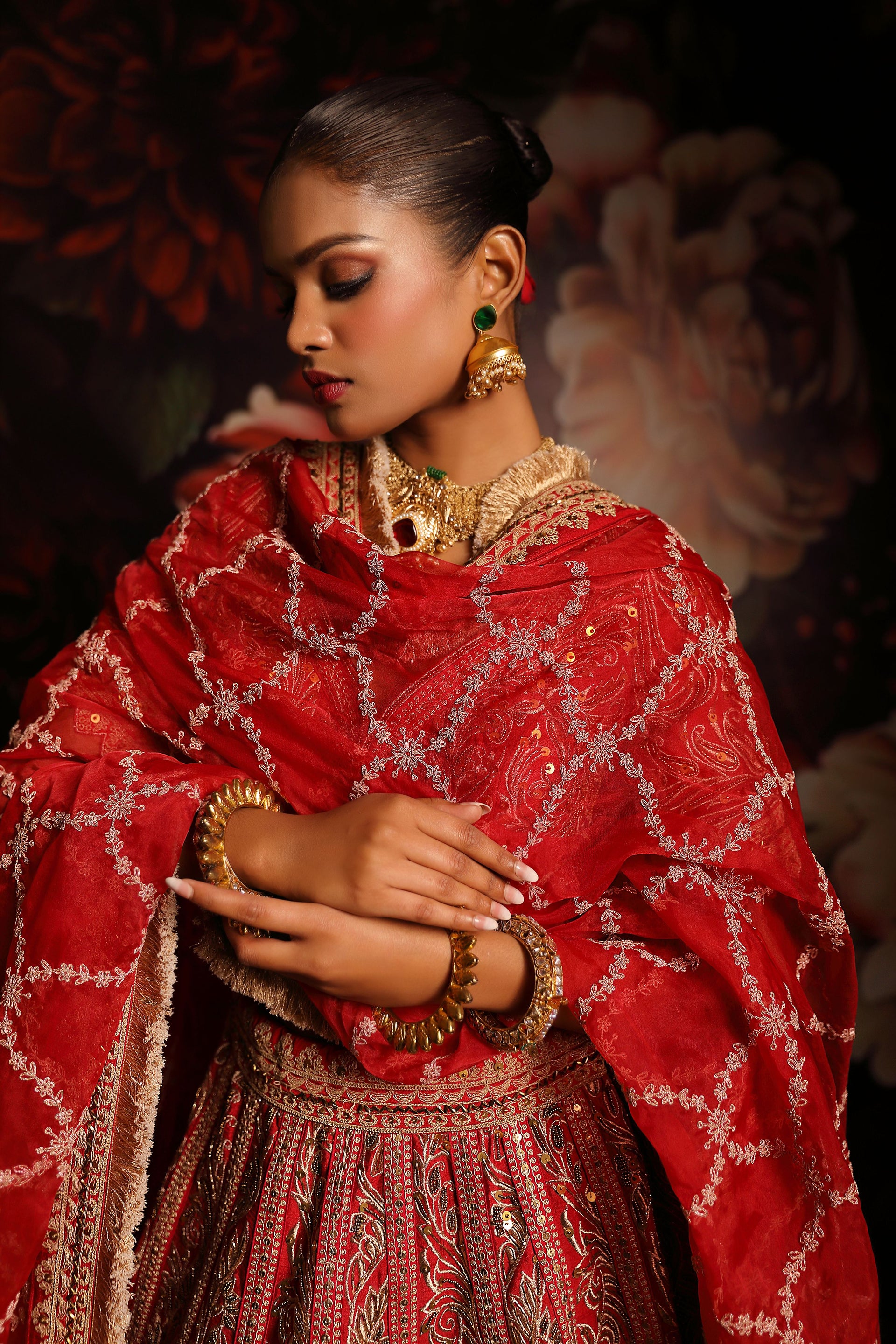 Regal Red Bridal Lehenga with Gold Zari Embroidery & Lace Dupatta