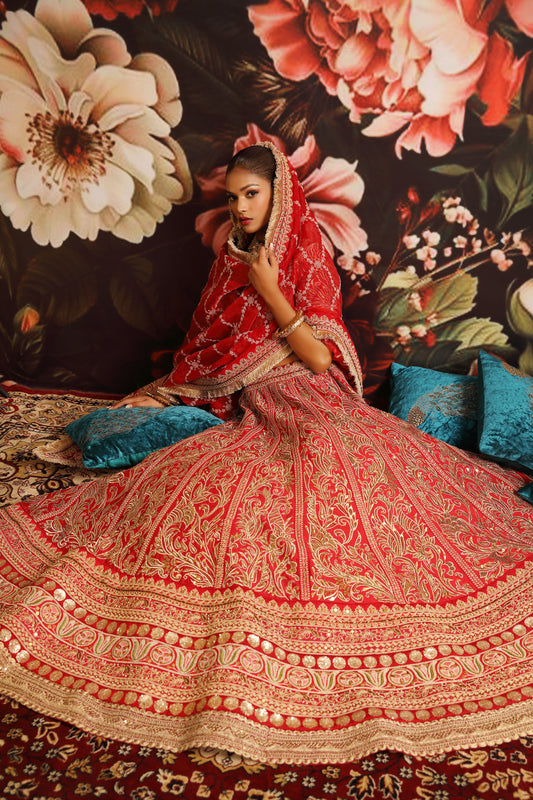 Regal Red Bridal Lehenga with Gold Zari Embroidery & Lace Dupatta