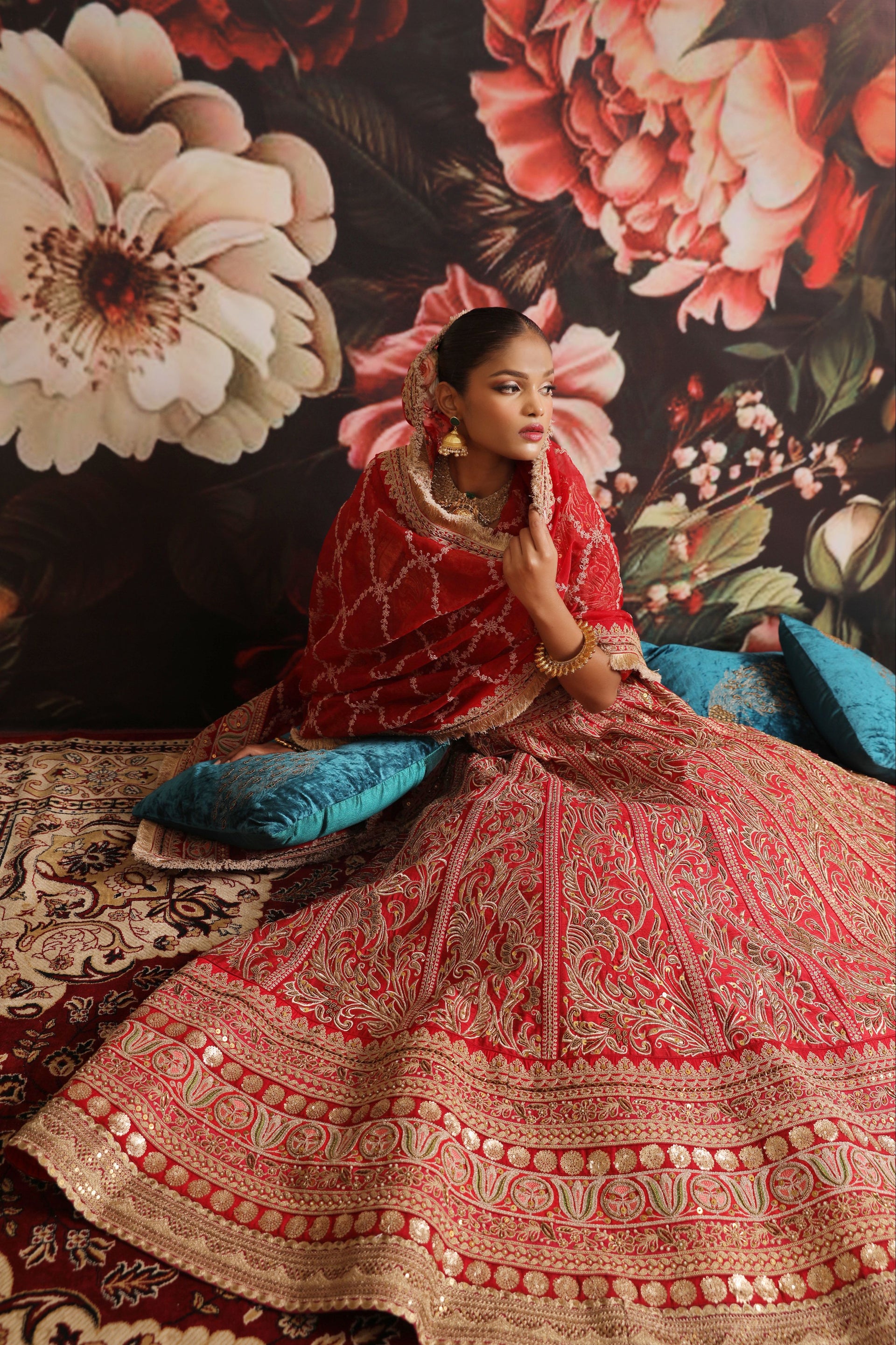 Regal Red Bridal Lehenga with Gold Zari Embroidery & Lace Dupatta