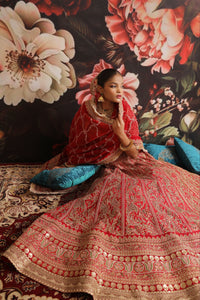 Regal Red Bridal Lehenga with Gold Zari Embroidery & Lace Dupatta