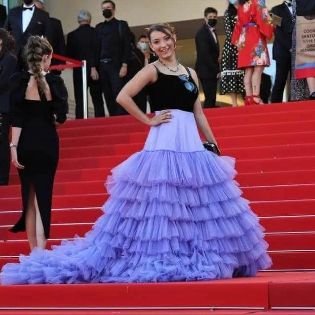 Two-Tone Gown with Black Velvet Top and Cascading Lavender Tulle Skirt
