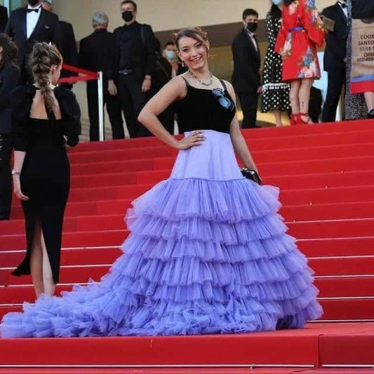 Two-Tone Gown with Black Velvet Top and Cascading Lavender Tulle Skirt